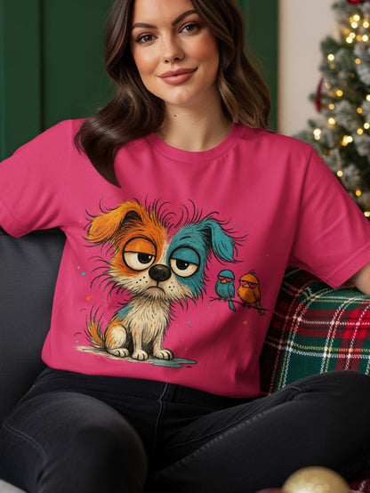 Cartoon dog with two small birds on a pink t-shirt.