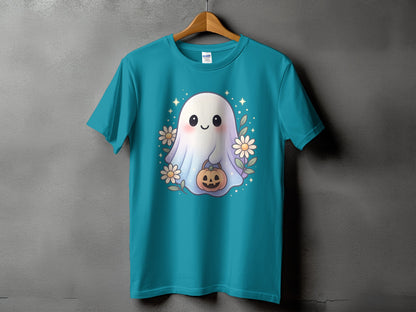 Teal t-shirt with a cute ghost holding a pumpkin and surrounded by flowers.
