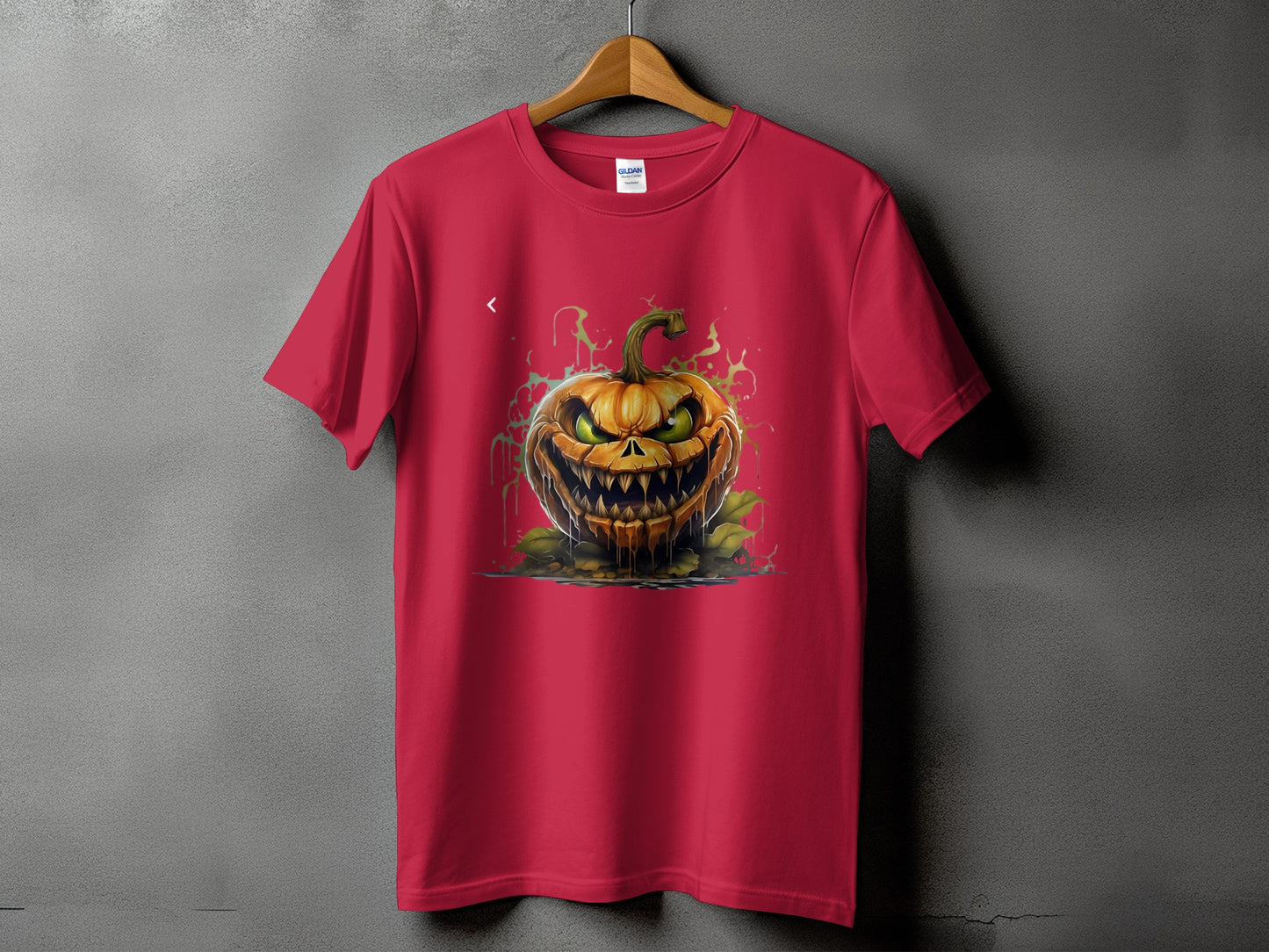 Red t-shirt with a scary jack-o'-lantern Halloween graphic and Gildan label.