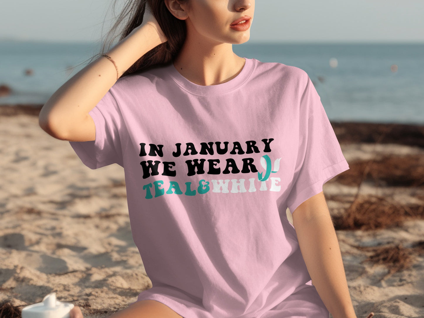 In January We Wear Teal And White T-Shirt