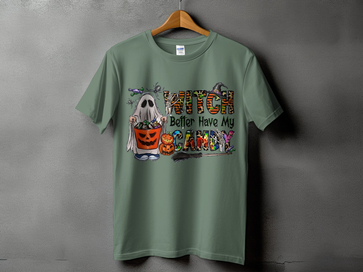 Ghost holding pumpkin bucket with "Witch Better Have My Candy" text and Halloween graphics.