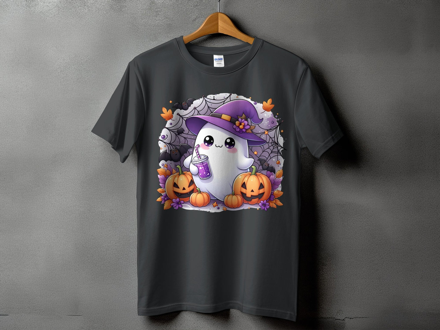 Cute ghost with witch hat, holding a drink, surrounded by pumpkins and bats.
