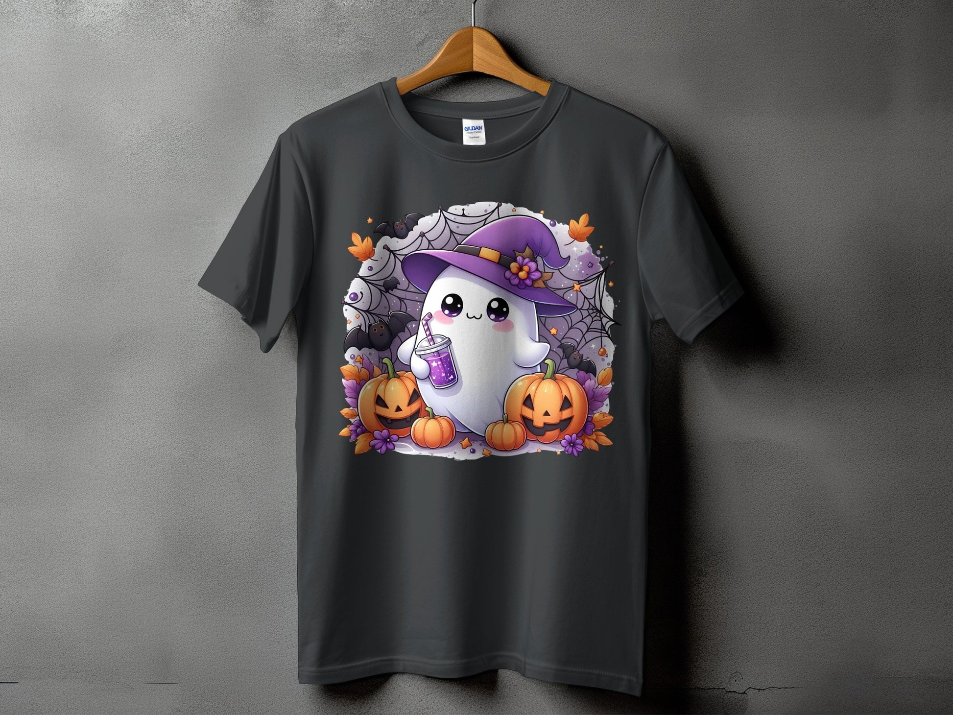 Cute ghost with witch hat, holding a drink, surrounded by pumpkins and bats.