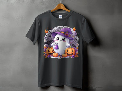 Cute ghost with witch hat, holding a drink, surrounded by pumpkins and bats.