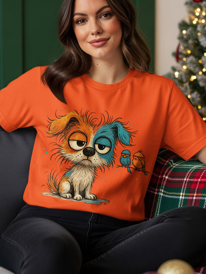 Orange t-shirt with illustration of a scruffy dog and two birds.