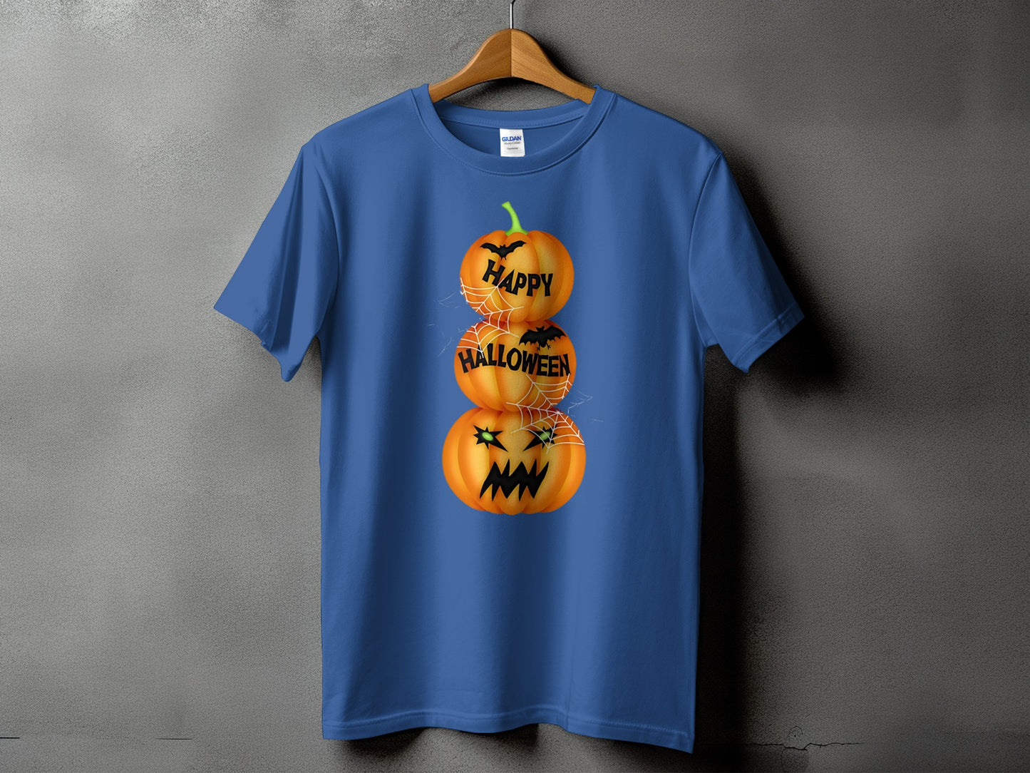 Blue t-shirt with stacked jack-o'-lanterns graphic, bats, and text "Happy Halloween".