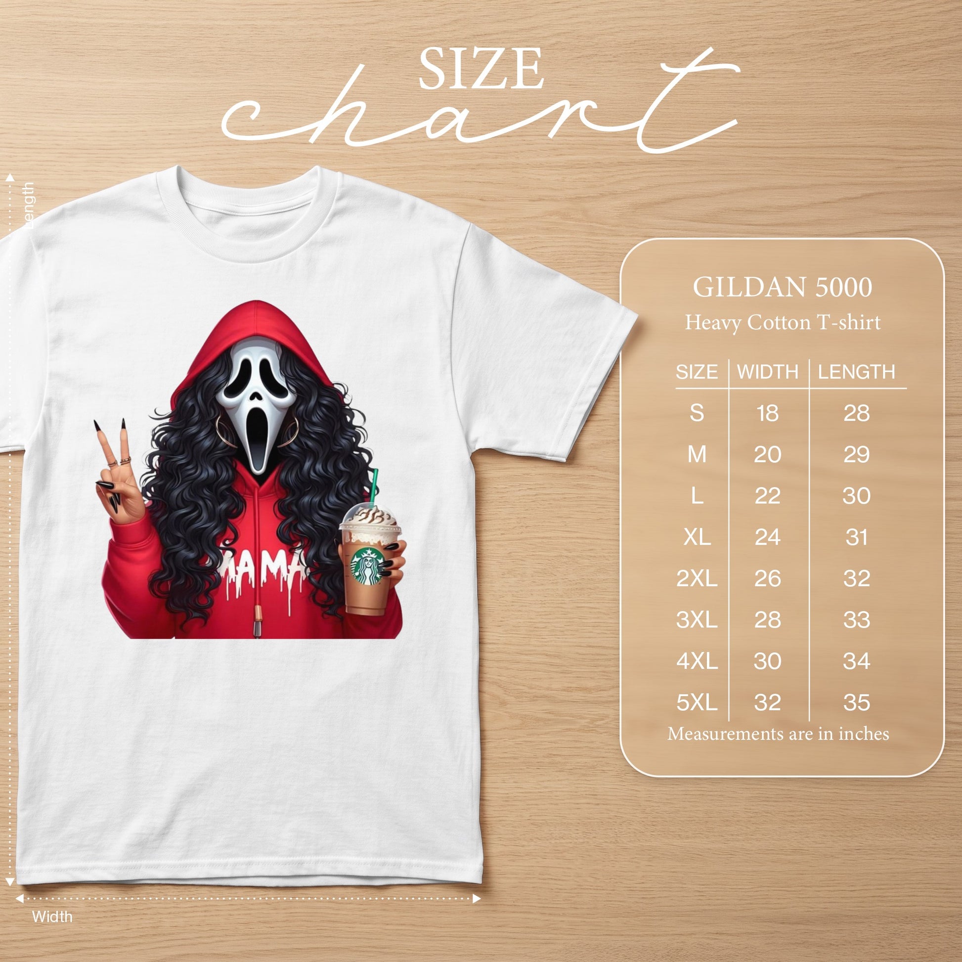White t-shirt with Ghostface "Mama" design, holding a Starbucks drink. Includes size chart.