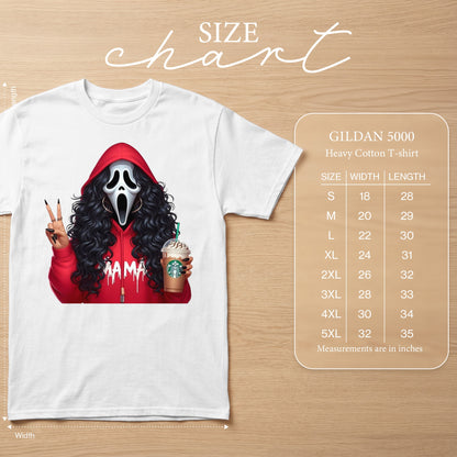 White t-shirt with Ghostface "Mama" design, holding a Starbucks drink. Includes size chart.