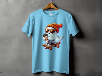 Light blue t-shirt with a cartoon ghost wearing a beanie and sunglasses, riding a skateboard with a coffee cup.