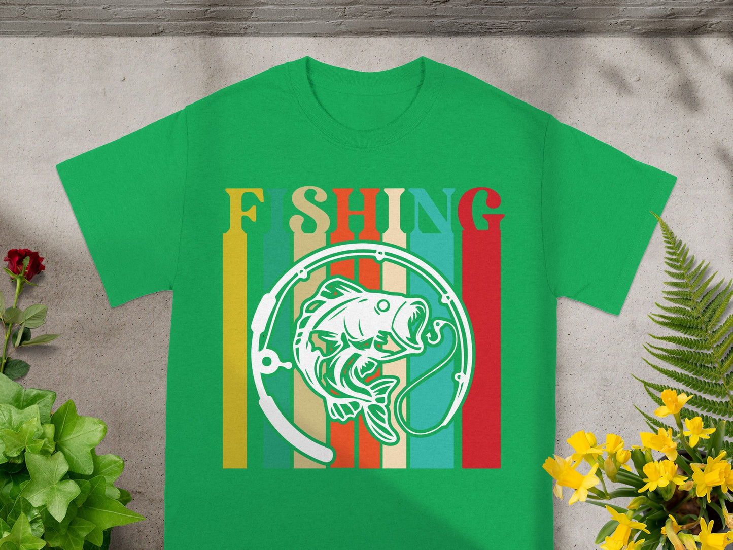 Green t-shirt with "FISHING" text and a white fish graphic.