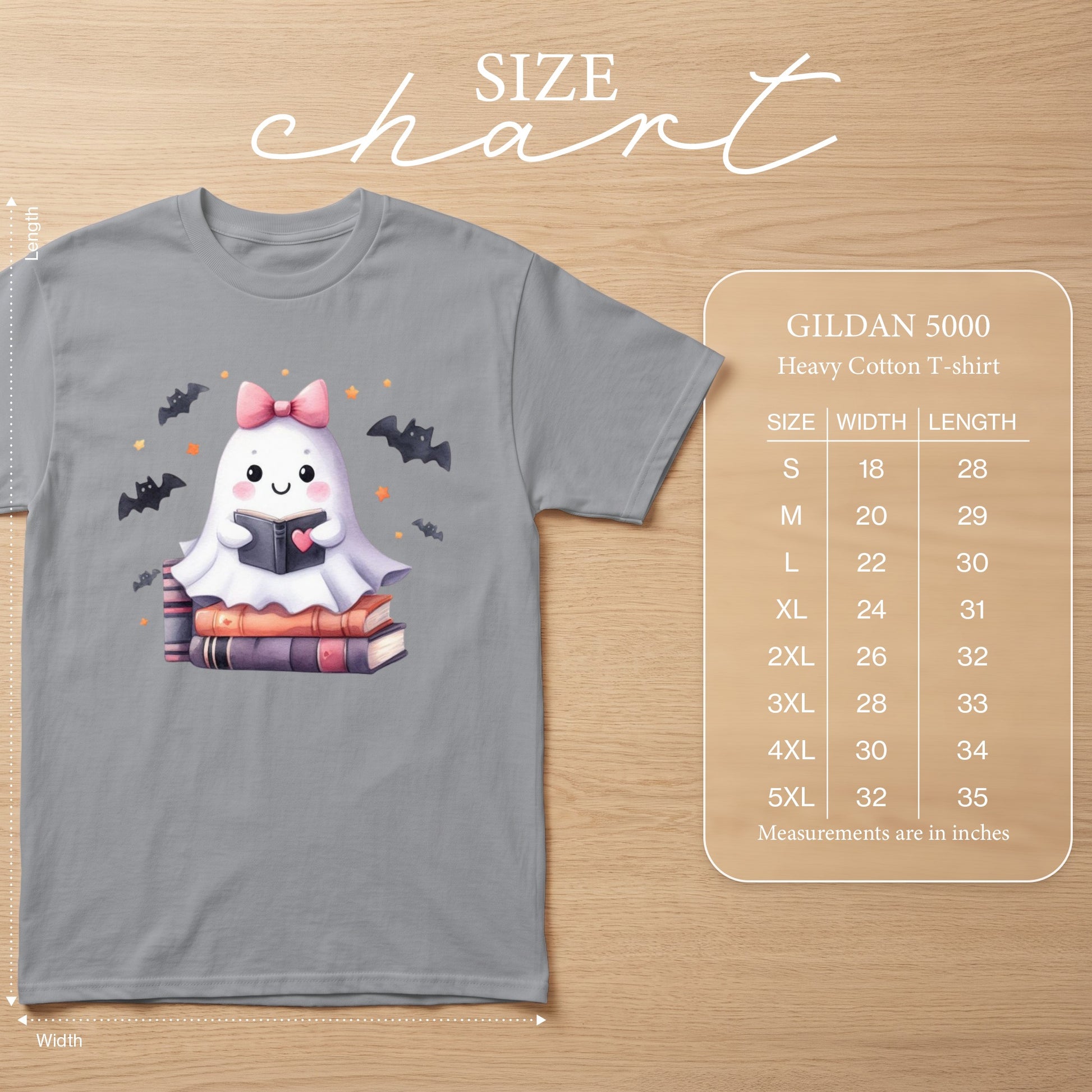 Gildan 5000 size chart with ghost reading on books graphic.