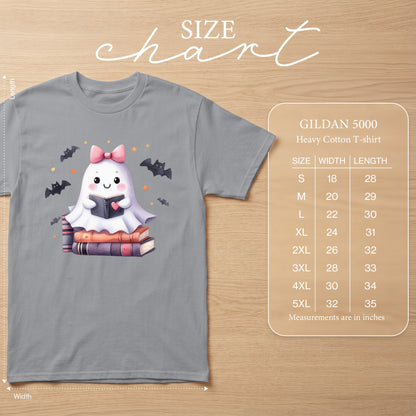 Gildan 5000 size chart with ghost reading on books graphic.