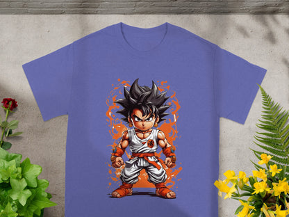 Goku in action pose on a purple t-shirt, surrounded by orange splatters.