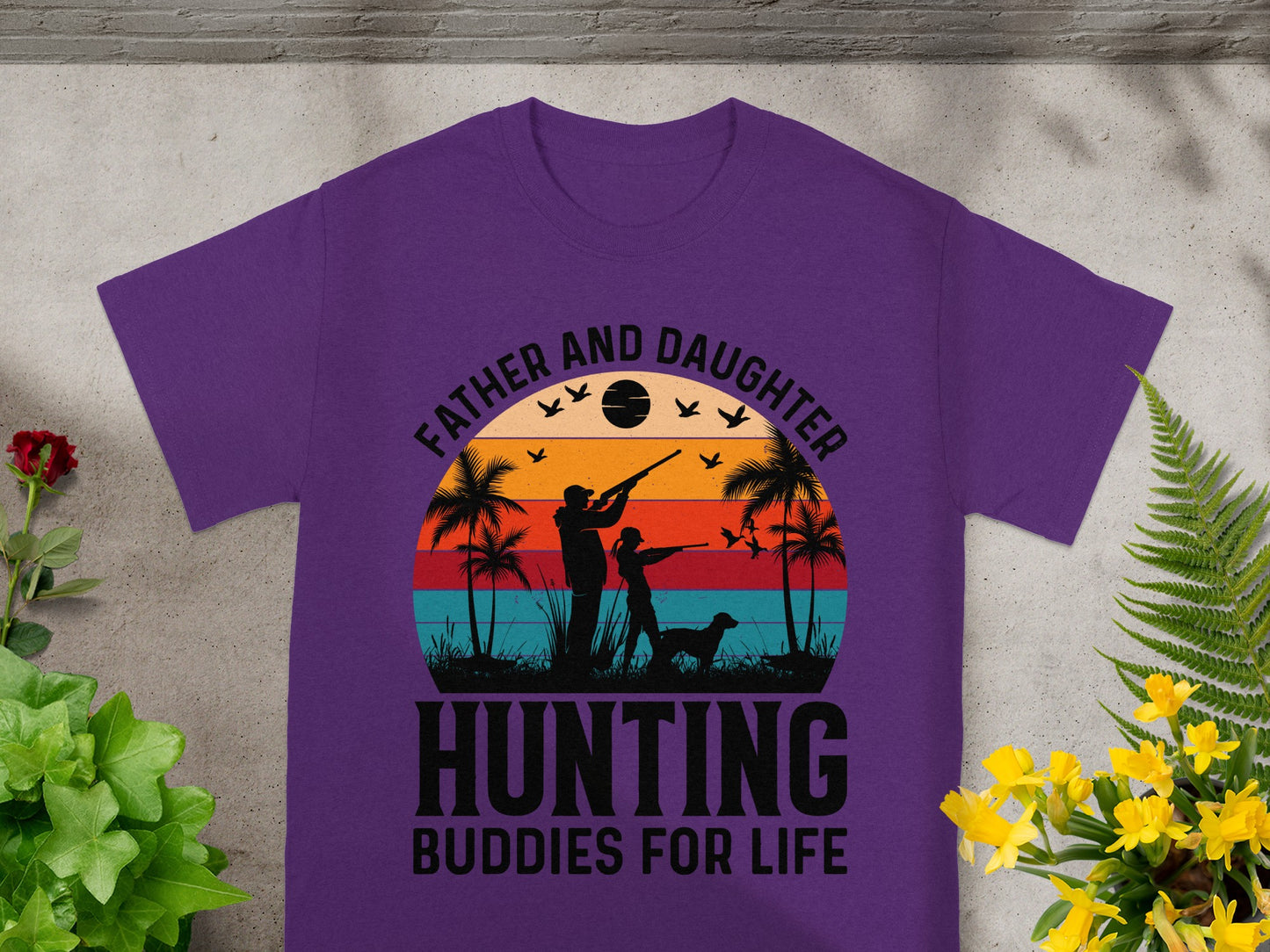 Purple t-shirt graphic: Father and Daughter Hunting Buddies for Life.