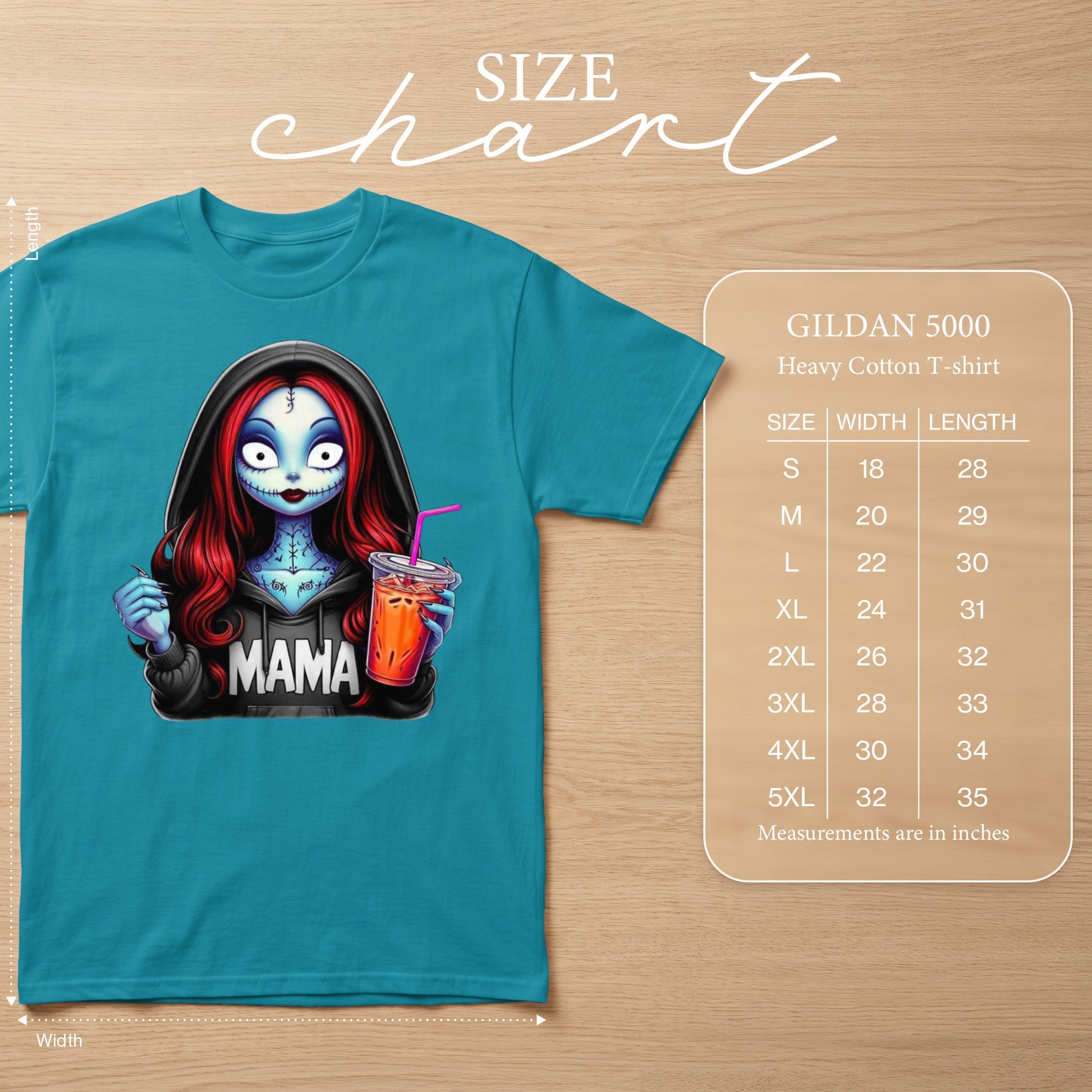 Teal t-shirt with "Mama" graphic featuring a stylized character holding a drink, with size chart.