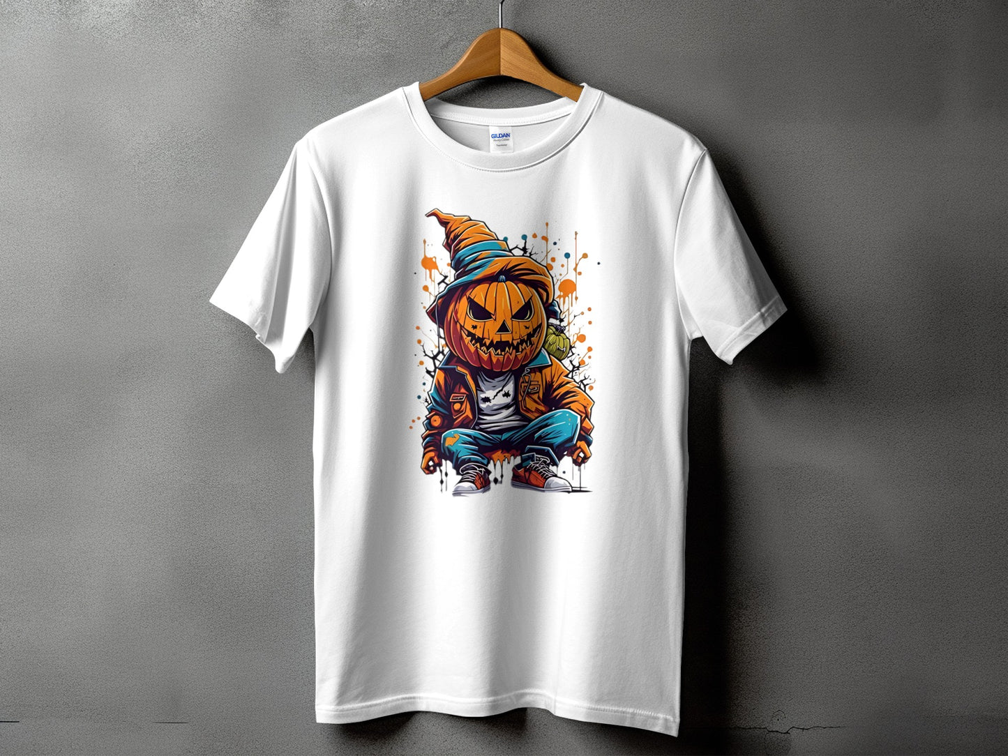 White t-shirt featuring a cartoon jack-o'-lantern character in a streetwear outfit.