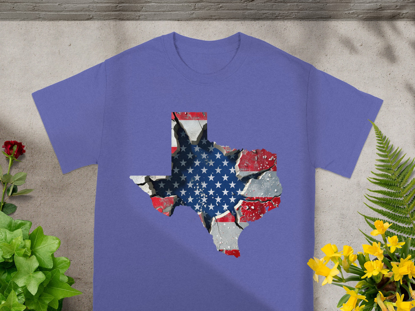 Purple t-shirt with Texas outline map graphic featuring distressed American flag.