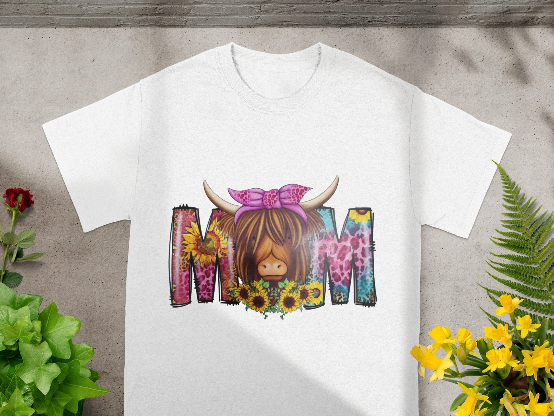 Cute Highland Cow Mom Graphic Tee with Sunflowers