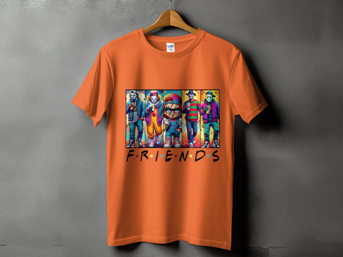Orange t-shirt with horror characters dressed as the Friends cast.