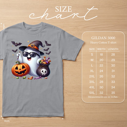 Gildan 5000 Heavy Cotton T-shirt size chart with Halloween graphic.