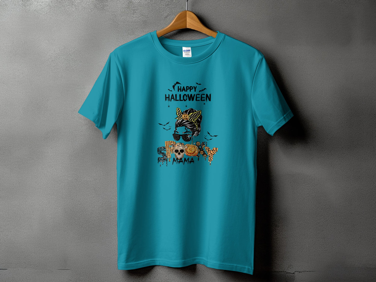 Teal t-shirt with "Happy Halloween" and "Spooky Mama" design.
