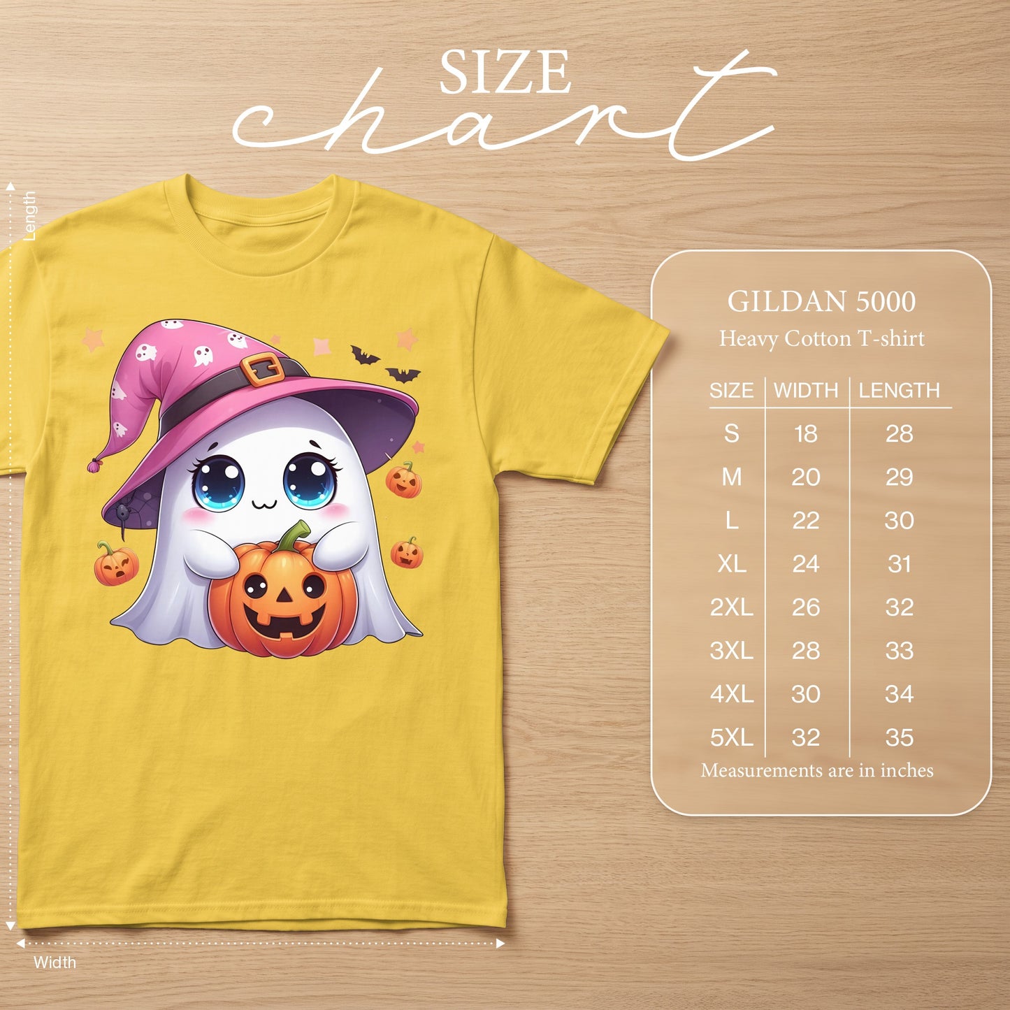 Yellow Gildan 5000 t-shirt with a ghost, pumpkin, and witch hat graphic and size chart.