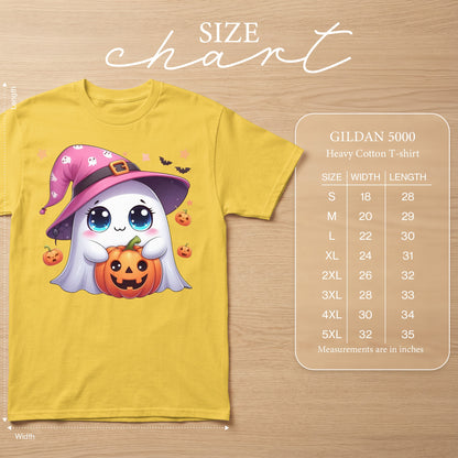 Yellow Gildan 5000 t-shirt with a ghost, pumpkin, and witch hat graphic and size chart.