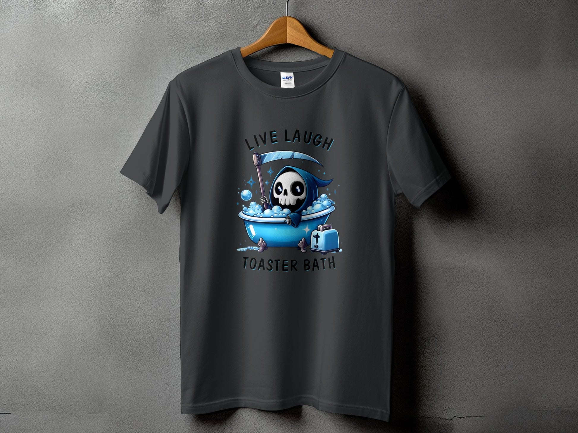 Dark gray t-shirt with a grim reaper in a bathtub and text "LIVE LAUGH TOASTER BATH".