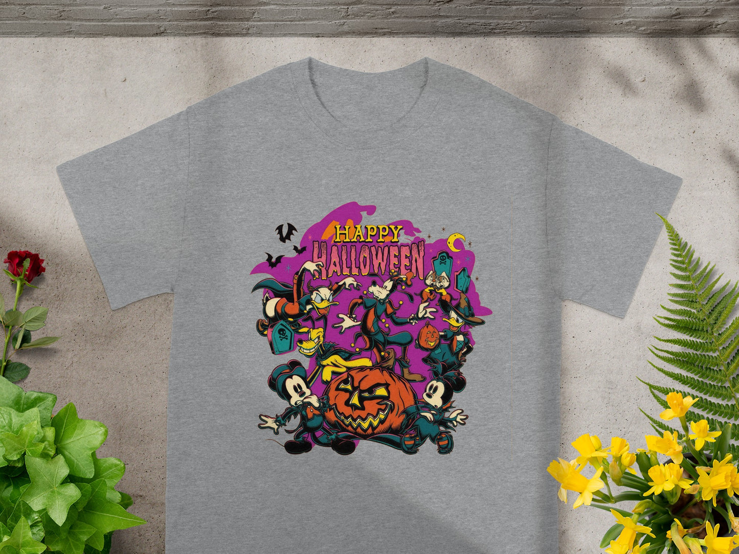 Grey t-shirt with a "Happy Halloween" graphic featuring Disney characters and a jack-o'-lantern.