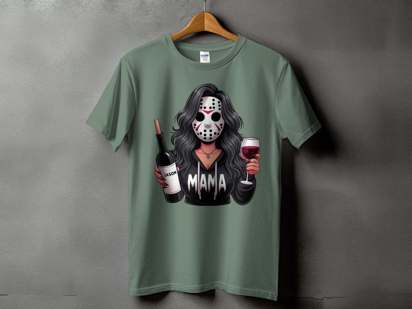 Green t-shirt with "Mama" graphic featuring a woman in a hockey mask holding wine.