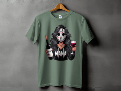 Green t-shirt with "Mama" graphic featuring a woman in a hockey mask holding wine.