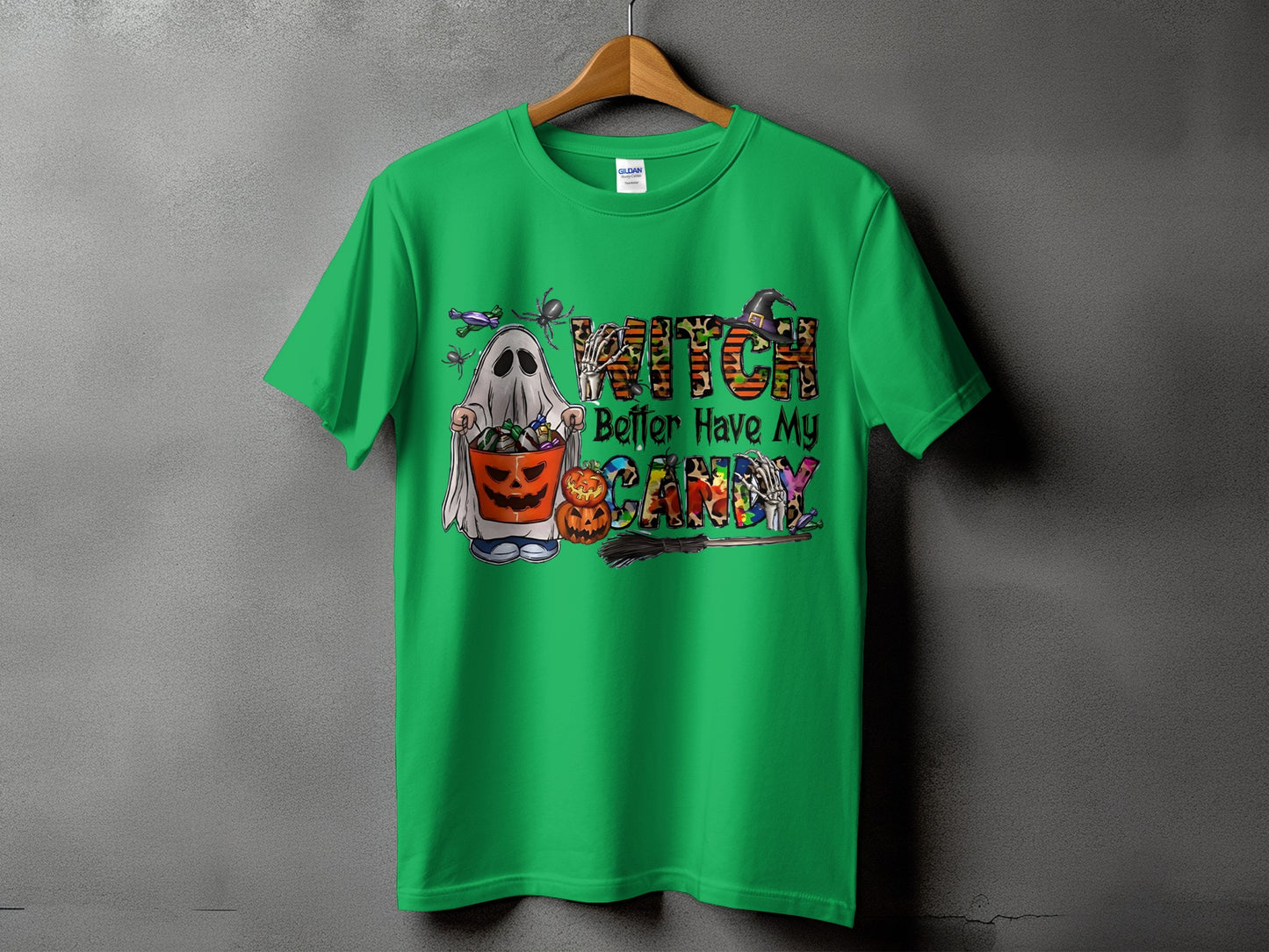 Green t-shirt with ghost holding candy bucket and "Witch Better Have My Candy" text.