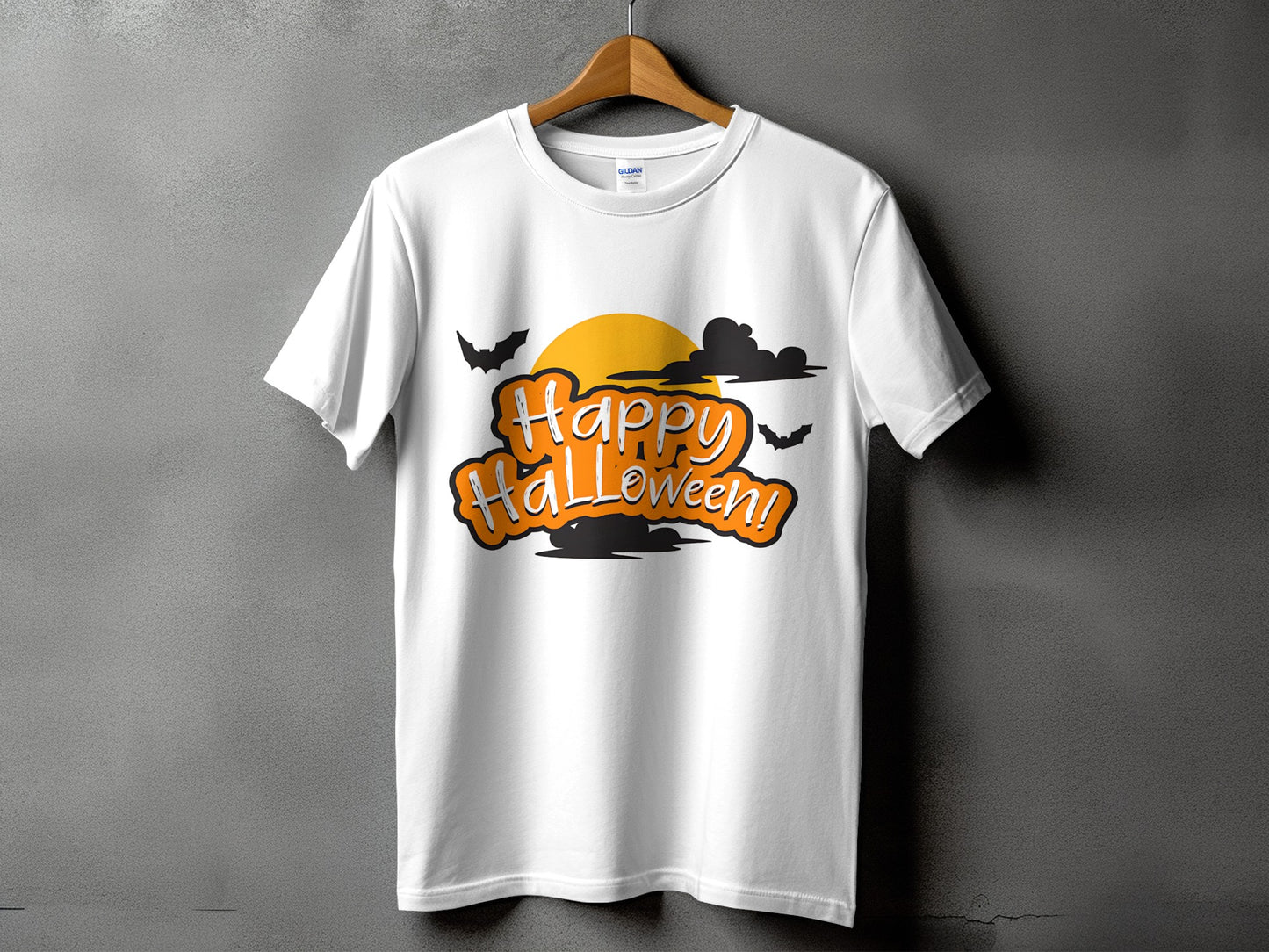 White t-shirt with orange and black "Happy Halloween!" text, bats, and a moon.