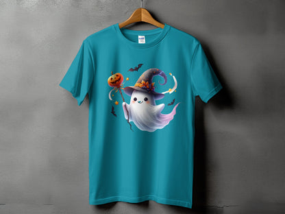 Teal t-shirt with a cute ghost wearing a witch hat holding a pumpkin on a stick.