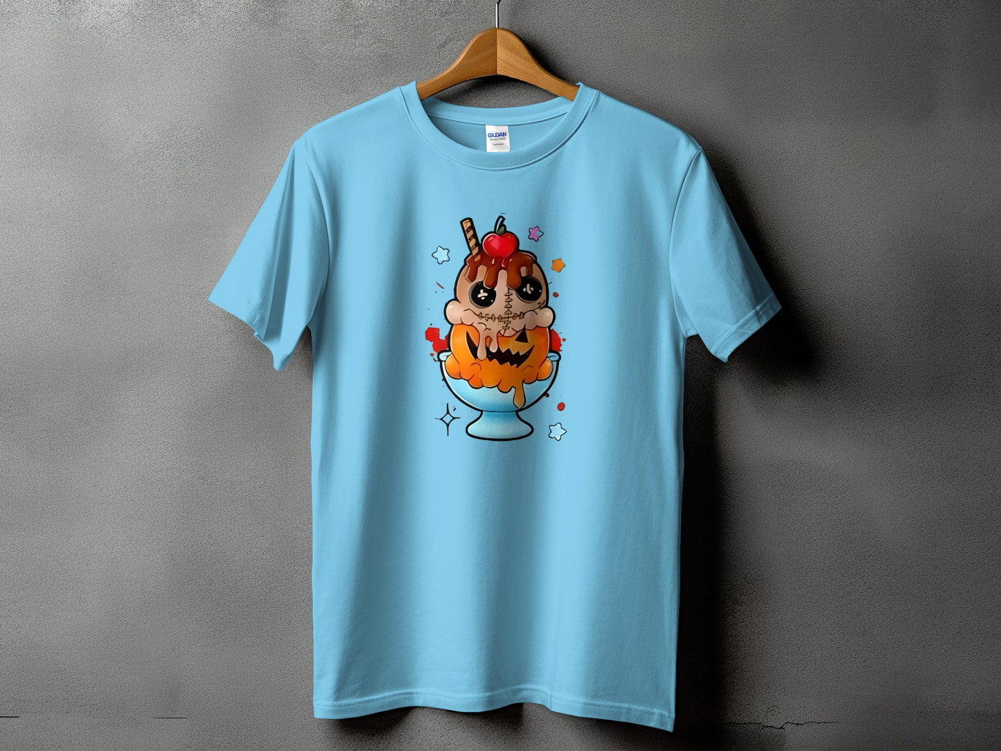 Light blue t-shirt with a cartoon ice cream sundae design.