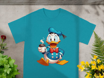 Donald Duck in sailor outfit holding a coffee cup, printed on a teal t-shirt.