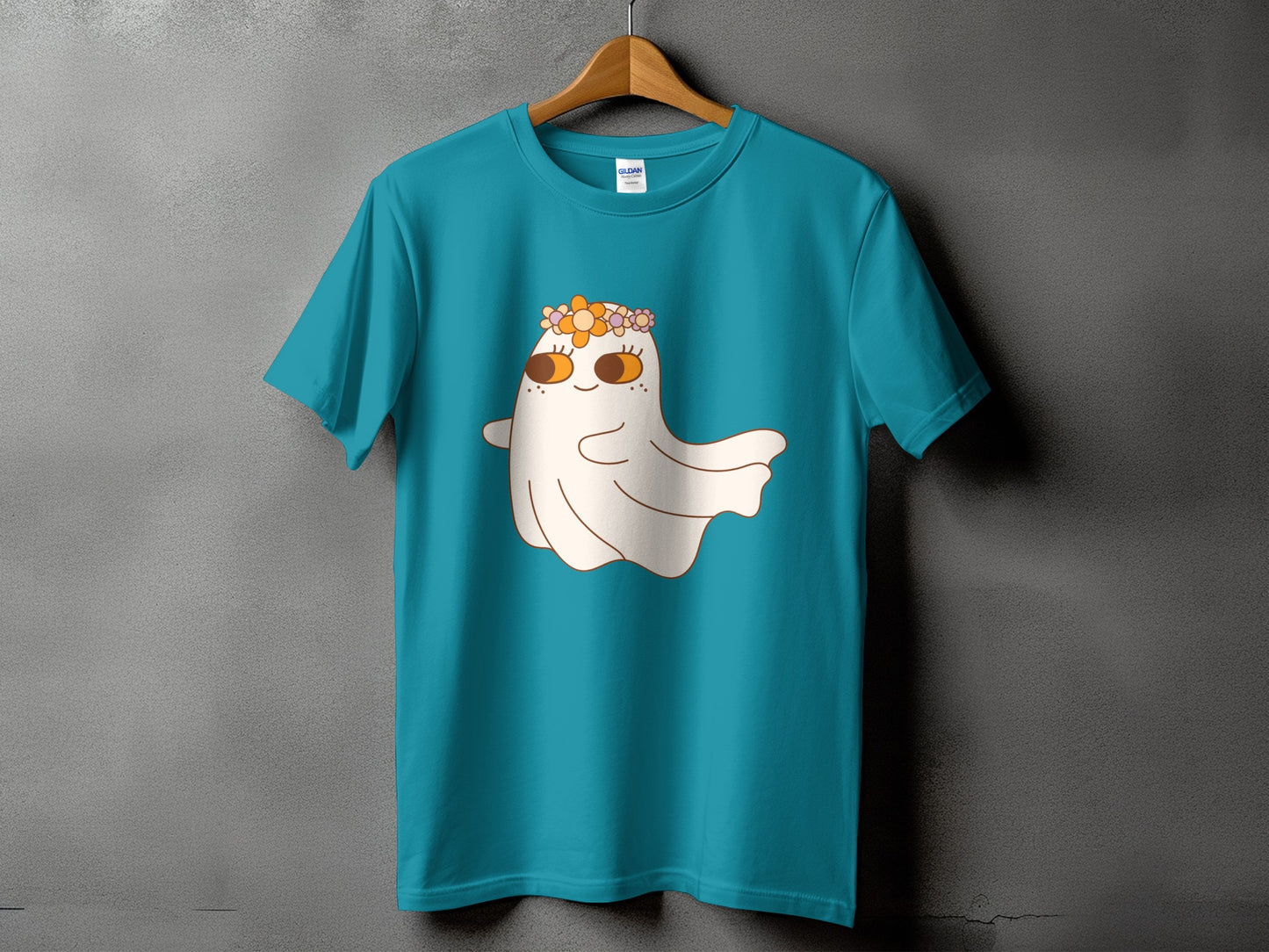 Teal t-shirt with a kawaii ghost wearing a flower crown graphic.