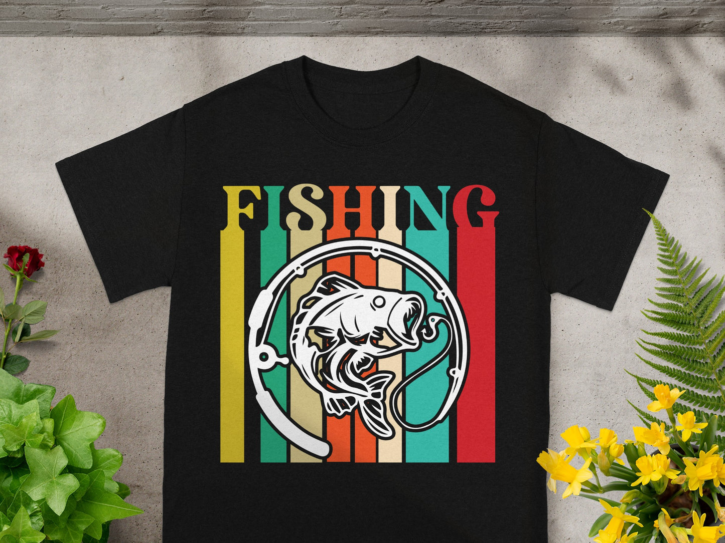Black t-shirt with "FISHING" text and a fish graphic within a fishing rod circle.