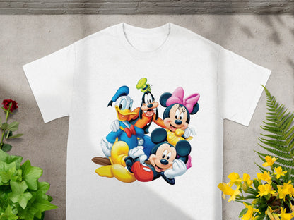 White t-shirt with Mickey, Minnie, Donald, and Goofy characters embracing.