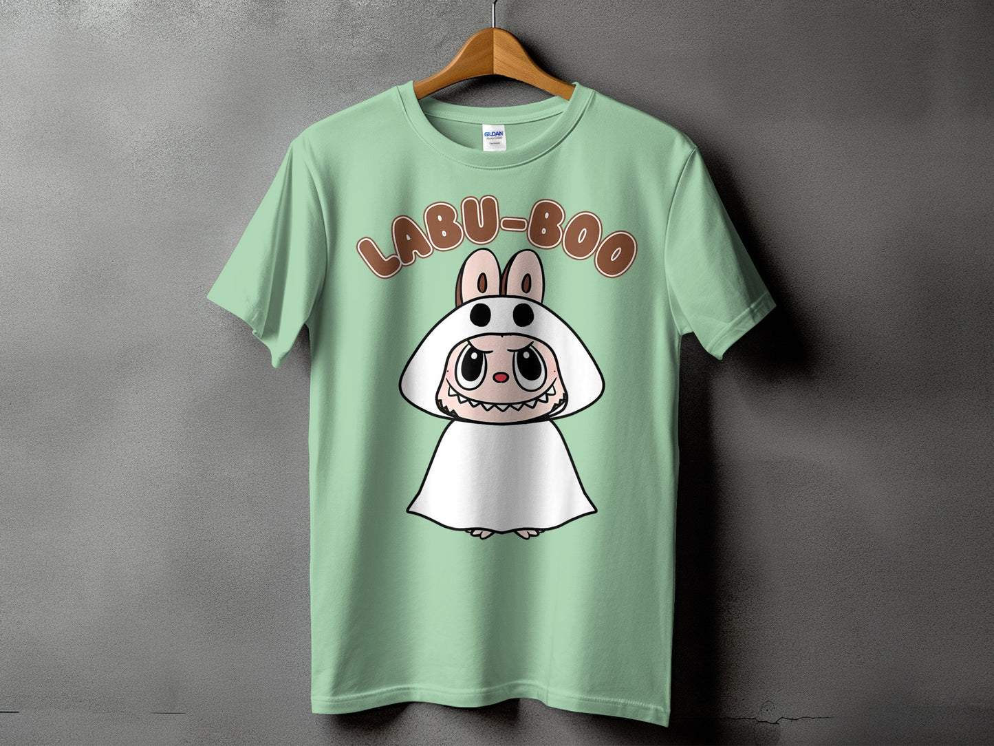 Light green t-shirt with "LABU-BOO" text and a cartoon ghost character.