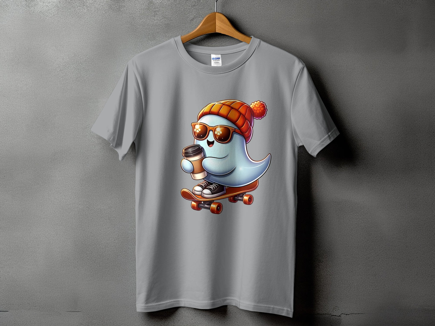Ghost character with sunglasses and beanie rides skateboard holding coffee cup.