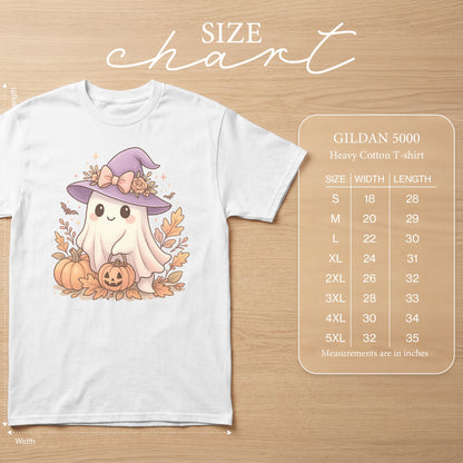 White Gildan 5000 heavy cotton t-shirt with cute ghost and pumpkin Halloween graphic.