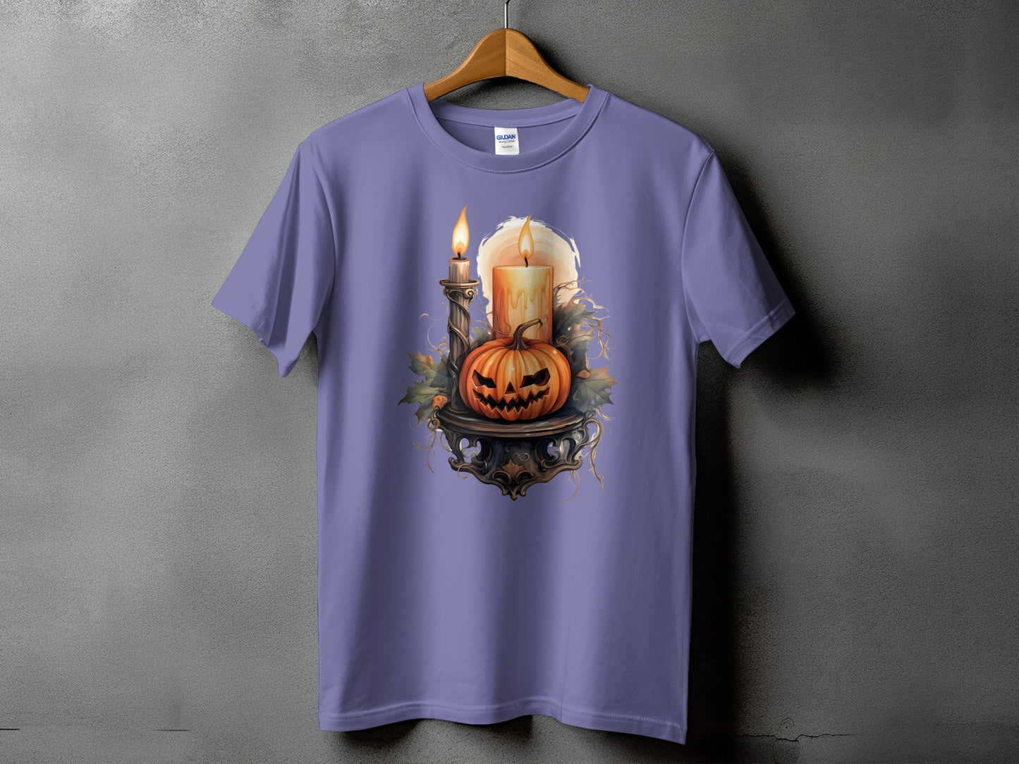 Purple t-shirt with jack-o'-lantern and burning candles Halloween graphic.