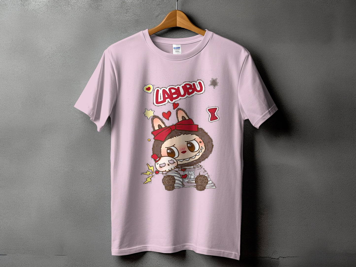 Pink t-shirt with a cartoon character and "LABUBU" text.