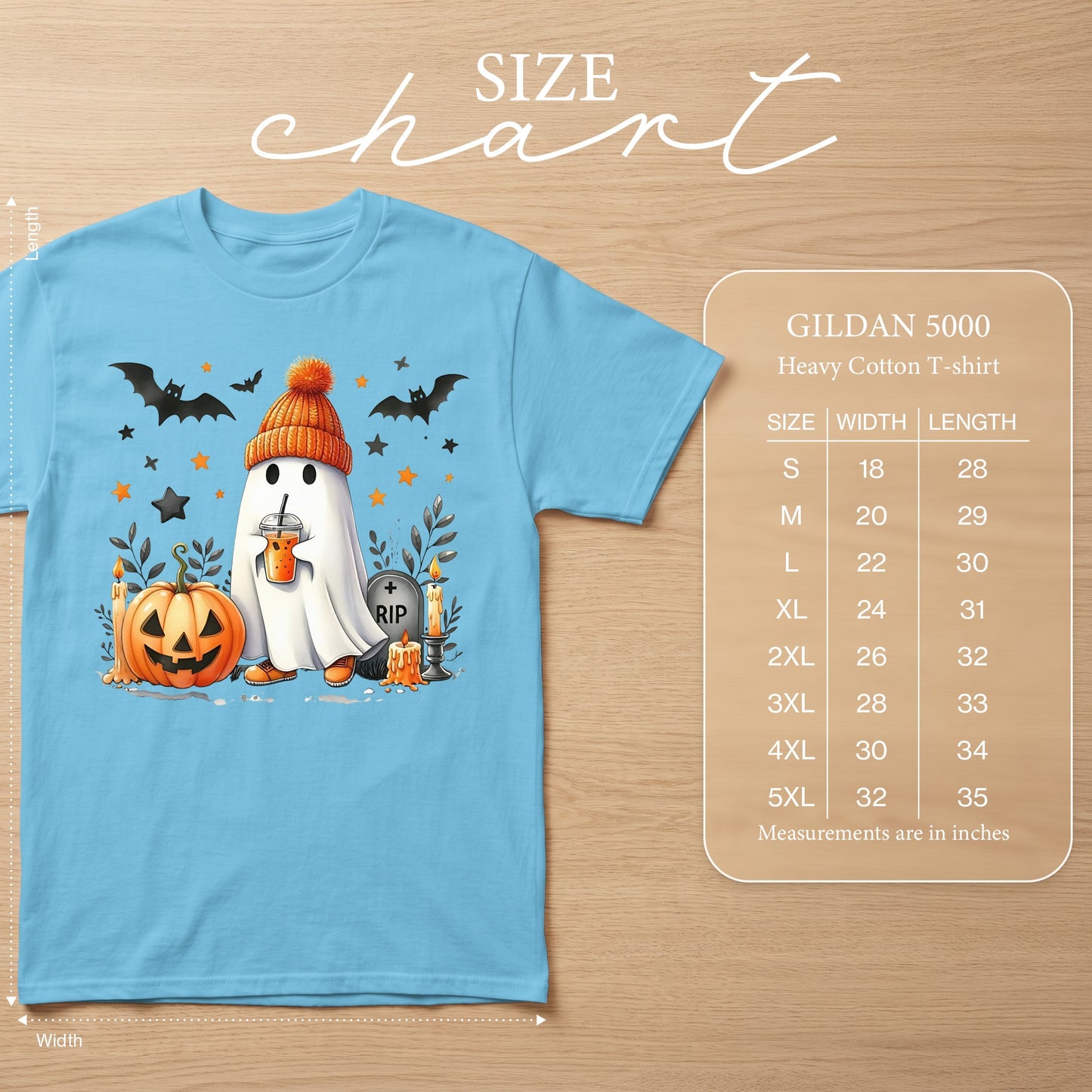 Light blue Gildan 5000 heavy cotton t-shirt with Halloween ghost, pumpkin, bats, and size chart.