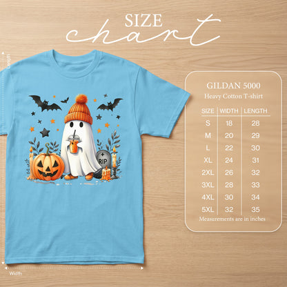 Light blue Gildan 5000 heavy cotton t-shirt with Halloween ghost, pumpkin, bats, and size chart.