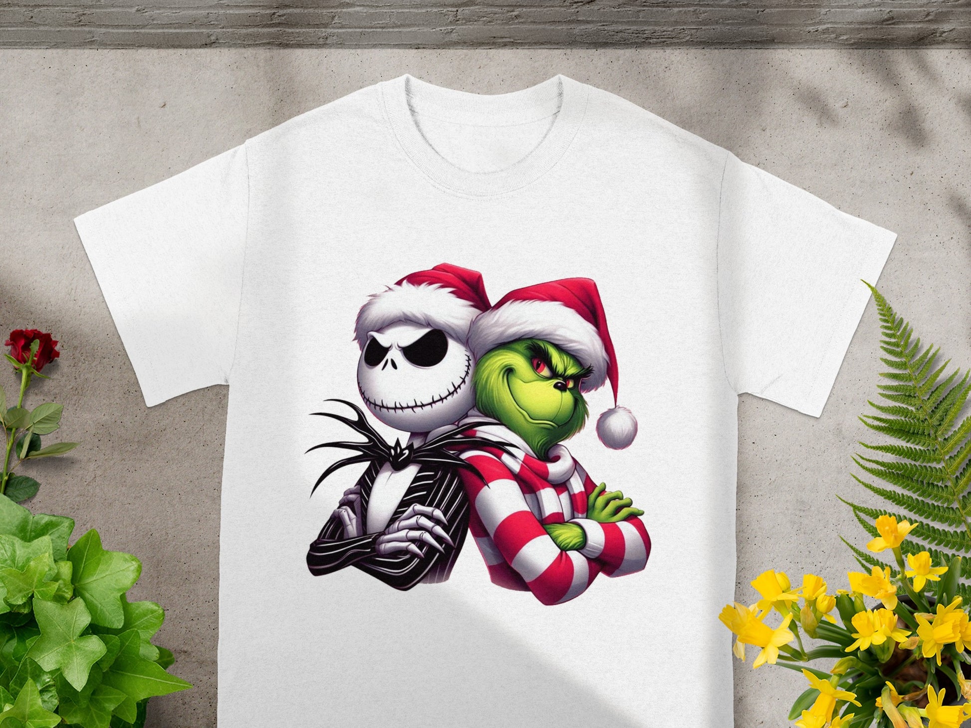 Jack Skellington and The Grinch embrace on a white t-shirt.