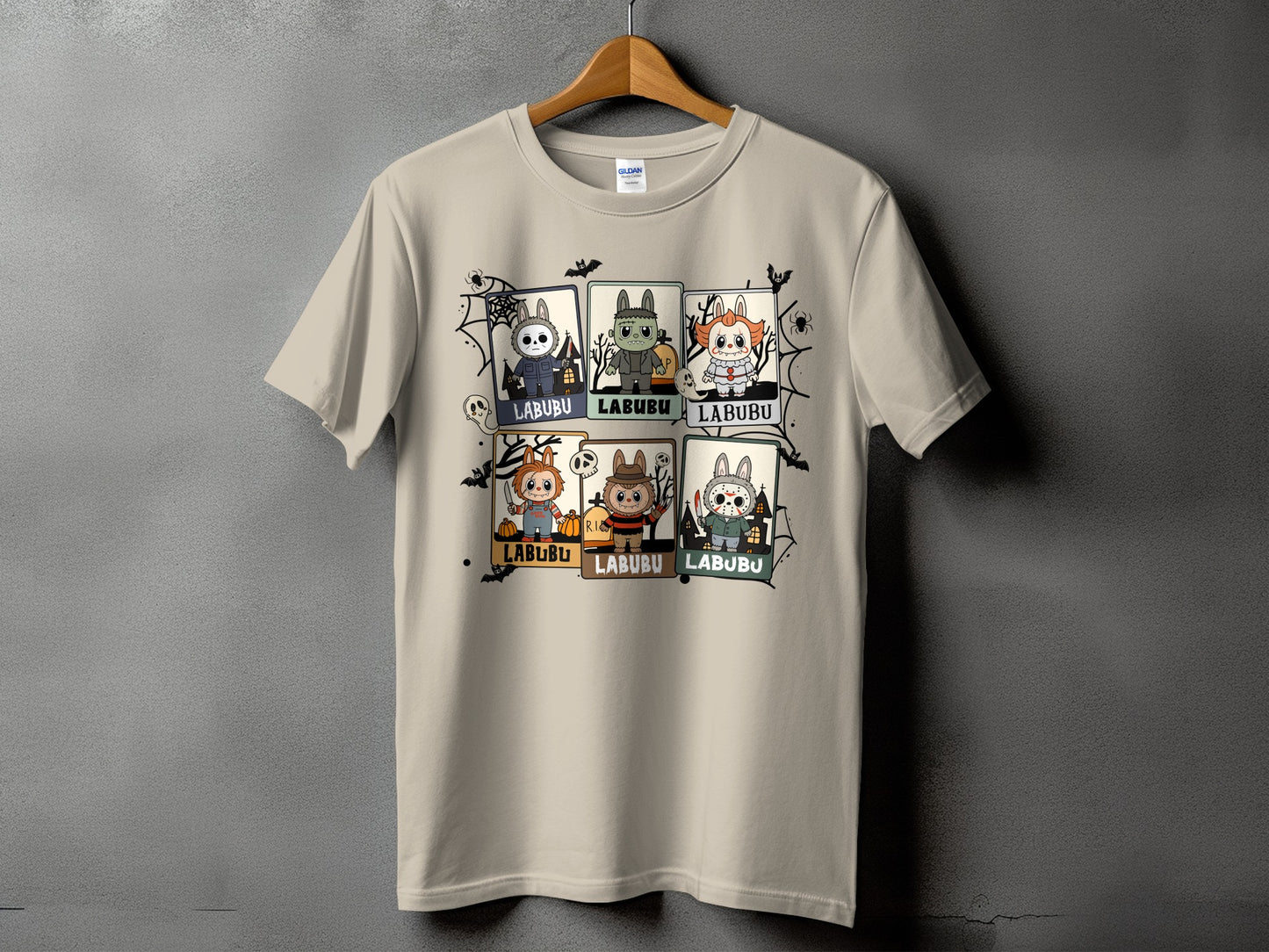 T-shirt with six cartoon horror characters in Halloween costumes, each labeled LABUBU.