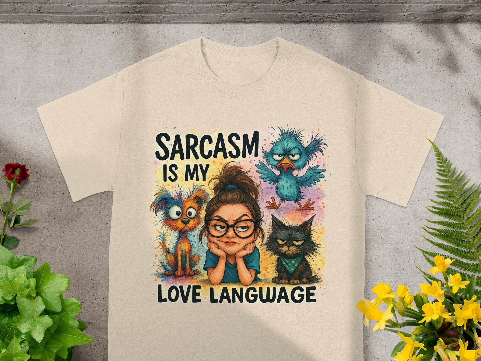 "Sarcasm is my love language" text with cartoon girl, dog, cat, and bird.