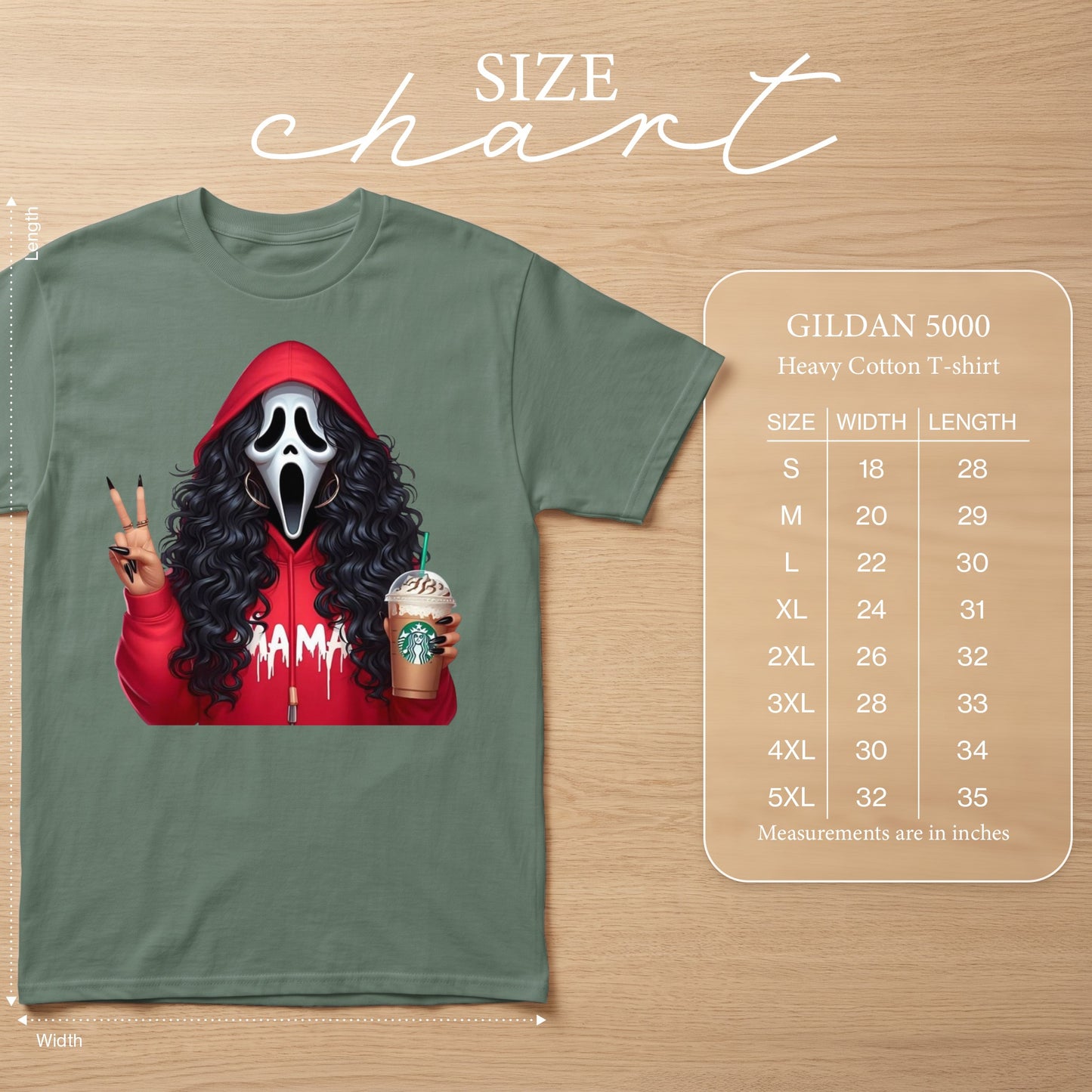 T-shirt with Ghostface graphic holding Starbucks, and Gildan 5000 size chart.